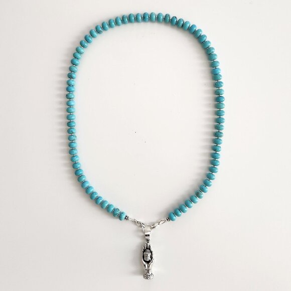 TURQUOISE NECKLACE W/ 925 SILVER HAND OF BUDDHA--20" - Picture 2 of 3